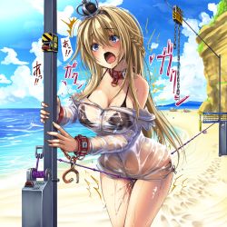 Rule 34 | 1girl, bdsm, beach, bikini, black bikini, blonde hair, blue eyes, blue sky, blush, bondage, bound, bound wrists, braid, breasts, collar, crotch rope, crown, cuffs, day, dress, female orgasm, forced orgasm, french braid, hair between eyes, handcuffs, highres, jewelry, kantai collection, long hair, long sleeves, looking at viewer, mini crown, monikano, necklace, ocean, off-shoulder dress, off shoulder, open mouth, orgasm, rope walking, sand, see-through, side-tie bikini bottom, sky, slave, solo, swimsuit, tearing up, text focus, thighs, trembling, warspite (kancolle), wet, wet clothes