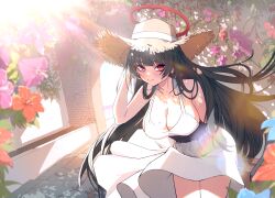 Rule 34 | 1girl, absurdres, black hair, black wings, blue archive, blush, breasts, cleavage, closed mouth, cowboy shot, dress, halo, hat, highres, large breasts, long hair, looking at viewer, red eyes, red halo, sleeveless, sleeveless dress, solo, straw hat, td (tandeom97), tsurugi (blue archive), white dress, wings