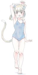 Rule 34 | 1girl, animal ears, arm at side, arm up, armpits, bare arms, bare legs, bare shoulders, barefoot, blue one-piece swimsuit, blush, brown eyes, cat ears, cat tail, commentary request, feet, full body, gluteal fold, green hair, highres, looking ahead, looking at viewer, one-piece swimsuit, open mouth, original, paid reward available, poranka (porankaran), school swimsuit, short hair, simple background, smile, solo, standing, standing on one leg, straight-on, swimsuit, tail, tareme, twintails, walking, white background