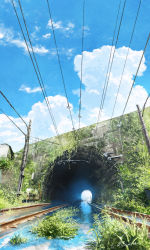 Rule 34 | blue sky, cable, cloud, cloudy sky, commentary request, day, grass, hachiya shohei, highres, no humans, original, outdoors, power lines, railroad tracks, reflection, scenery, signature, sky, tunnel, water