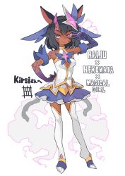 Rule 34 | 1girl, animal ears, armlet, aura, bare shoulders, black hair, braid, closed mouth, collarbone, colored skin, commission, dark-skinned female, dark skin, english text, facial mark, fingernails, flaming eye, glowing, glowing eye, hand on own hip, heterochromia, highres, horns, kasa (hitori sanka), league of legends, magical girl, medium hair, multiple tails, no shoes, original, oversized object, pink eyes, pink horns, purple eyes, purple skin, scales, sharp fingernails, sharp toenails, simple background, single horn, skeb commission, skirt, smile, solo, star guardian (league of legends), tail, toenails, two tails, v, v over eye, w, w over eye, white background, white legwear