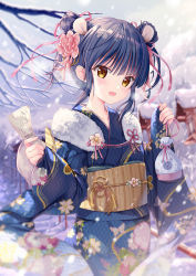Rule 34 | 1girl, animal ears, bag, blue hair, blue kimono, blurry, blurry background, blush, chinese zodiac, commentary request, double bun, floral print, flower, fur trim, hair between eyes, hair flower, hair ornament, hair ribbon, highres, holding, holding bag, holding paper, holding pouch, japanese clothes, kimono, looking at viewer, mouse ears, obi, omikuji, open mouth, orange eyes, original, outdoors, paper, pouch, ribbon, sash, short hair, sidelocks, smile, snow, solo, sousouman, year of the rat