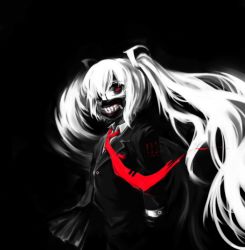 Rule 34 | 10s, 1girl, artist request, black background, black sclera, colored sclera, colored skin, female focus, hair over one eye, hatsune miku, long hair, looking at viewer, necktie, red eyes, simple background, solo, teeth, tokyo ghoul, very long hair, vocaloid, white hair, white skin, zipper