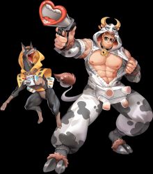 Rule 34 | 1boy, abs, alternate costume, animal costume, animal hood, armpits, bag, bara, bare pectorals, beard, bell, blonde hair, clothes pull, collar, dog, facial hair, fangs, fishnets, glass, glasses, gun, gyee, highres, hood, horn ornament, horns, kumahachi, large pectorals, looking at viewer, male focus, manly, mature male, muscular, muscular male, neck bell, nipples, official art, open mouth, pajamas, pectorals, santos (gyee), shirt pull, smile, solo, sunglasses, tail, teeth, thick arms, tongue, transparent background, tusks, weapon