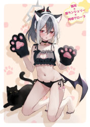 1girl absurdres alternate_costume animal animal_ears animal_hands animal_print black_bra black_gloves black_hair black_horns black_nails black_panties black_wings blue_archive bra cat cat_cutout cat_ears cat_lingerie cat_panties cat_print cat_tail cleavage_cutout clothing_cutout commentary_request fake_animal_ears gloves grey_halo hair_between_eyes halo highres horns kayoko_(blue_archive) kneeling looking_at_viewer meme_attire multicolored_hair nail_polish navel panties paw_gloves paw_print paw_print_background print_panties red_eyes saibashi_(develop_komono) side-tie_panties single_wing solo tail toenail_polish toenails translation_request two-tone_hair underwear white_hair wings