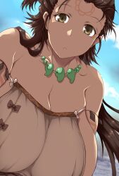 Rule 34 | 1girl, bare shoulders, blue sky, body markings, breasts, brown eyes, brown hair, cleavage, dress, facial mark, fate/grand order, fate (series), forehead, forehead mark, highres, himiko (fate), huge breasts, jewelry, long hair, looking at viewer, magatama, magatama necklace, necklace, sideboob, sky, topknot, tsukasawa takamatsu, twintails, white dress