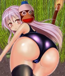 Rule 34 | 1girl, ass, bent over, black thighhighs, blush, cameltoe, cleft of venus, explosive, fat mons, fire, from behind, hata no kokoro, honda takaharu, long hair, looking back, mask, mine (weapon), one-piece swimsuit, pink eyes, pink hair, saru getchu, school swimsuit, shiny clothes, shiny skin, solo, swimsuit, thighhighs, torch, touhou