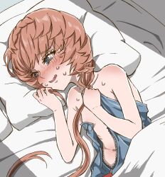 Rule 34 | 1girl, @ @, bare shoulders, bed, bed sheet, blue eyes, blue overalls, blush, braid, breasts, brown hair, clothing cutout, crown braid, fang, fate/grand order, fate (series), highres, lying, navel, navel cutout, on side, open mouth, overalls, pillow, red pupils, shimogamo (shimomo 12), side braid, small breasts, solo, sweat, teeth, undressing, van gogh (fate)