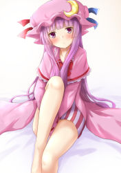 Rule 34 | 1girl, barefoot, bed, blue ribbon, blunt bangs, blush, bow, bowtie, capelet, commentary request, crescent, crescent pin, hat, hat ribbon, long hair, looking at viewer, on bed, patchouli knowledge, purple eyes, ram hachimin, red bow, red bowtie, red ribbon, ribbon, simple background, sitting, solo, thighs, touhou, very long hair
