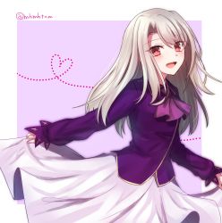 Rule 34 | 1girl, :d, absurdres, blush, commentary request, fate/stay night, fate (series), heart, highres, illyasviel von einzbern, jacket, looking at viewer, open mouth, pink background, pink skirt, purple jacket, red eyes, skirt, skirt hold, smile, solo, tanaji, twitter username, white hair