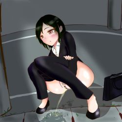 Rule 34 | 1girl, bar censor, black footwear, black hair, black jacket, black pants, blush, briefcase, brown eyes, buta no fuguri, censored, clothes pull, female focus, grass, highres, jacket, long sleeves, office lady, open mouth, pants, pants pull, pavement, pee, peeing, pubic hair, puddle, pussy, road, shirt, shoes, short hair, sidewalk, solo, squatting, white shirt