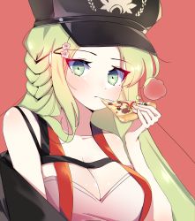 Rule 34 | 1girl, bad id, bad pixiv id, black hat, blush, braid, breasts, cleavage, collarbone, eating, eyes visible through hair, food, food in mouth, fp-6 (girls&#039; frontline), girls&#039; frontline, green eyes, green hair, hair ornament, hairclip, hand up, hat, highres, k milk12000, large breasts, long hair, looking at viewer, peaked cap, pinky out, pizza, pizza slice, red background, shirt, sidelocks, simple background, solo, steam, suspenders, upper body, white shirt