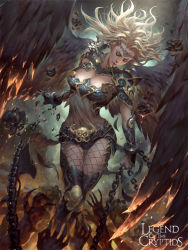 Rule 34 | 1girl, black flower, black rose, blonde hair, bodysuit, boots, breasts, chain, circlet, cleavage, copyright name, closed eyes, feathered wings, fingerless gloves, fire, flower, gloves, highres, legend of the cryptids, lius lasahido, long hair, official art, rose, solo, solo focus, standing, thighhighs, watermark, web address, wings