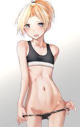 Rule 34 | 1girl, blonde hair, blush, breasts, cowboy shot, flat chest, grey eyes, highres, kabayaki namazu, kantai collection, maikaze (kancolle), panties, panty pull, parted bangs, petite, ponytail, simple background, small breasts, solo, sports bra, toned, underwear, underwear only, veins