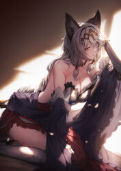Rule 34 | 1girl, animal ears, arm behind head, armor, armored boots, armored dress, backless dress, backless outfit, bare shoulders, boots, braid, braided ponytail, breastplate, breasts, cat ears, cleavage, collarbone, dress, erune, gauntlets, genyaky, granblue fantasy, grey hair, hair between eyes, hair ornament, hand on own knee, headpiece, heles, highres, large breasts, long hair, looking at viewer, parted lips, red eyes, shawl, sideways glance, signature, sitting, solo, very long hair
