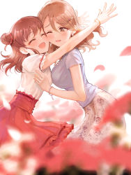 Rule 34 | 2girls, ;d, ^ ^, asymmetrical docking, blurry, blurry background, blurry foreground, blush, breast press, breasts, brown hair, cheek-to-cheek, closed eyes, depth of field, earrings, falling petals, frilled sleeves, frills, glint, hair between eyes, hair bun, hair ornament, hairpin, heads together, high-waist skirt, highres, idolmaster, idolmaster cinderella girls, jewelry, looking at another, medium breasts, multiple girls, munakata atsumi, omisoshiru, one eye closed, open mouth, outstretched arms, petals, print skirt, single hair bun, skirt, small breasts, smile, yanagi kiyora