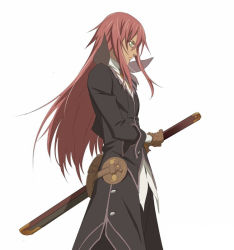 Rule 34 | 00s, 1boy, fighting stance, glasses, gloves, green eyes, long hair, male focus, namco, official art, ready to draw, red hair, richter abend, simple background, solo, sword, tales of (series), tales of symphonia, tales of symphonia: dawn of the new world, weapon, white background