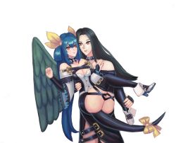 Rule 34 | 1boy, 1girl, black hair, blue hair, breasts, carrying, choker, cleavage, couple, dizzy (guilty gear), feathered wings, guilty gear, guilty gear xrd, guilty gear xx, hair ribbon, highres, long hair, looking at another, moontears, princess carry, red eyes, ribbon, smile, tail, testament (guilty gear), thigh gap, thigh strap, thighhighs, very long hair, wings