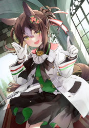 Rule 34 | 1girl, :d, animal ears, blush, brown hair, commentary request, duplicate, dutch angle, fine motion (umamusume), gloves, hair between eyes, hair ornament, indoors, looking at viewer, multicolored hair, open mouth, pixel-perfect duplicate, ponytail, smile, solo, streaked hair, syuri22, umamusume, white gloves, window, yellow eyes