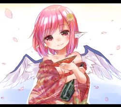 Rule 34 | 1girl, animal ears, bird ears, bird wings, blush, bottle, breasts, closed mouth, collarbone, cup, earrings, hair ornament, hairclip, highres, holding, holding bottle, holding cup, japanese clothes, jewelry, kimono, letterboxed, long sleeves, looking at viewer, medium breasts, momonashi potato, mystia lorelei, pink eyes, pink hair, red kimono, sakazuki, short hair, single earring, smile, solo, touhou, upper body, white wings, wide sleeves, wings