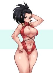 Rule 34 | 1girl, black hair, boku no hero academia, breasts, brown eyes, cleavage, cowboy shot, curvy, hand on own hip, highres, kelvin hiu, large breasts, leotard, long hair, looking at viewer, muscular, muscular female, no bra, open clothes, parted bangs, ponytail, revealing clothes, solo, standing, thick thighs, thighs, yaoyorozu momo