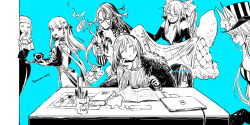 Rule 34 | 2boys, 5girls, animal ear fluff, animal ears, artist name, ashiya douman (fate), bell, blue background, bodysuit, book, breasts, center opening, cernunnos (fate), character print, choker, cloak, closed eyes, closed mouth, coif, computer, crown, cup, diamond hairband, dress, earrings, emphasis lines, facing another, facing viewer, fate/grand order, fate (series), fingernails, fox ears, fox girl, fox tail, fujimaru ritsuka (female), fur-trimmed cloak, fur-trimmed jacket, fur trim, glasses, hair bell, hair between eyes, hair ornament, hair ribbon, hananoe (hananoe shio), hand on own cheek, hand on own face, hat, head rest, highres, holding, holding clothes, holding jacket, holding pen, holding tray, jacket, jewelry, jingle bell, kama (fate), kama (second ascension) (fate), koyanskaya (assassin) (first ascension) (fate), koyanskaya (fate), koyanskaya (foreigner) (second ascension) (fate), laptop, large breasts, long hair, long sleeves, looking at viewer, looking back, looking down, magatama, magatama earrings, medium hair, monochrome, mug, multiple boys, multiple girls, necklace, nun, oberon (fate), oberon (third ascension) (fate), open mouth, pants, parted lips, pen, print cup, ribbed sweater, ribbon, ruler, sessyoin kiara, sharp fingernails, shikigami, sidelocks, smile, spot color, star (symbol), sweater, table, tail, tamamo (fate), teeth, thighhighs, top hat, translation request, tray, unworn jacket, upper teeth only, veil, very long fingernails