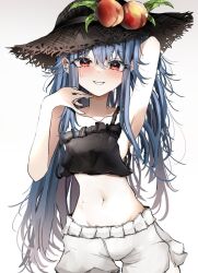 Rule 34 | 1girl, alternate costume, alternate headwear, armpits, black hat, black shirt, blue hair, blush, breasts, collarbone, commentary, commission, cowboy shot, crop top, english commentary, hair between eyes, hand in own hair, hands up, hat, highres, hinanawi tenshi, long hair, looking at viewer, midriff, navel, ougiikun, peach hat ornament, red eyes, shirt, shorts, sideboob, simple background, smile, solo, strap slip, sun hat, sweat, touhou, very long hair, white background, white shorts