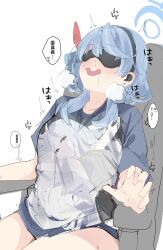 Rule 34 | 1girl, absurdres, ako (blue archive), alreadyusedpai, asmr, black mask, blood, blue archive, blue hair, blue shirt, blush, breath, chair, commentary request, earphones, eye mask, hair ribbon, hairband, halo, highres, hina (blue archive), nosebleed, open mouth, ribbon, saliva, shirt, short sleeves, simple background, sitting, sketch, solo, sweat, t-shirt, translation request, white background