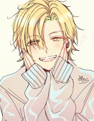 Rule 34 | 1boy, :d, beige background, blonde hair, eyes visible through hair, grey sweater, hair over one eye, half-closed eyes, hands up, heart, highres, hypnosis mic, izanami hifumi, long sleeves, looking at viewer, male focus, open mouth, parted bangs, signature, sleeves past wrists, smile, sofra, solo, sweater, teeth, upper body, upper teeth only, yellow eyes