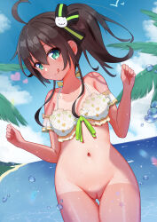 Rule 34 | 1girl, :q, absurdres, ahoge, beach, bikini, bikini top only, bird, blush, bottomless, bra, breasts, brown hair, cat hair ornament, cleft of venus, closed mouth, cloud, detached sleeves, frilled bikini, frilled bra, frills, gluteal fold, green eyes, green ribbon, hair between eyes, hair ornament, hair ribbon, heart, highres, hololive, hololive summer 2022 swimsuit, lens flare, looking at viewer, natsuiro matsuri, navel, ocean, official alternate costume, one-piece tan, ontake2009, outdoors, palm tree, patterned, patterned clothing, pussy, ribbon, ribbon-trimmed bikini, ribbon-trimmed bra, ribbon trim, seagull, side ponytail, small breasts, smile, solo, star (symbol), star tattoo, swimsuit, tan, tanline, tattoo, tongue, tongue out, tree, underwear, virtual youtuber, water drop, wet, white bra, white swimsuit