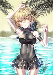 Rule 34 | 1girl, arm garter, arm up, armpits, artist name, artoria pendragon (all), artoria pendragon (alter swimsuit rider) (fate), artoria pendragon (alter swimsuit rider) (first ascension) (fate), artoria pendragon (fate), bad id, bad pixiv id, beach, black one-piece swimsuit, blonde hair, braid, breasts, commentary request, covered navel, cowboy shot, dated, day, fate/grand order, fate (series), french braid, from above, hair between eyes, hair ribbon, highres, looking at viewer, lying, medium breasts, on back, one-piece swimsuit, outdoors, parted lips, partially submerged, ribbon, saber alter, sand, shadow, short hair, signature, solo, swimsuit, water, yellow eyes, yuihira asu