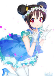 Rule 34 | 1girl, black hair, blue dress, blush, choker, double bun, double m/, dress, gloves, hair bobbles, hair bun, hair ornament, high heels, looking at viewer, love live!, love live! school idol project, m/, marshall (wahooo), parted lips, red eyes, short hair, signature, sleeveless, solo, thighhighs, white background, white gloves, white thighhighs, yazawa nico