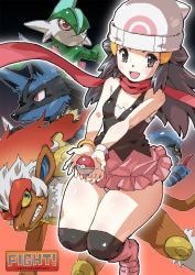 Rule 34 | 1girl, ass, beanie, black hair, blue eyes, blue hair, breasts, creatures (company), curvy, dawn (pokemon), english text, everyone, gallade, game freak, gen 4 pokemon, gradient background, grey eyes, grin, hat, headgear, headwear request, highres, infernape, long hair, looking at viewer, looking back, looking to the side, lucario, miniskirt, nintendo, open mouth, pale skin, panties, pantyshot, poke ball, pokemon, pokemon (creature), pokemon dppt, puchidori, red eyes, scarf, shiny skin, simple background, skirt, small breasts, smile, thick thighs, thighs, toxicroak, underwear, video game, wide hips