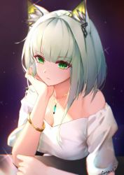 Rule 34 | 1girl, animal ear fluff, animal ears, arknights, artist name, bangle, bare shoulders, bracelet, breasts, cleavage, commentary request, green eyes, green nails, hand up, head rest, highres, jewelry, kal&#039;tsit (arknights), large breasts, leria v, medium breasts, nail polish, necklace, off-shoulder shirt, off shoulder, shirt, short hair, short sleeves, silver hair, solo, upper body, white shirt