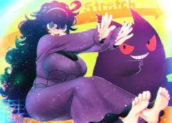 Rule 34 | 1girl, :3, @ @, ahoge, arms up, arrow (symbol), artist name, barefoot, black eyes, black hair, blush, breasts, colored sclera, creatures (company), dress, english text, feet, female focus, full body, game freak, gen 1 pokemon, gengar, green eyes, hair between eyes, hairband, hakkasame, happy, hex maniac (pokemon), huge breasts, long dress, long hair, long sleeves, looking at another, messy hair, nintendo, nose blush, npc trainer, open mouth, outstretched arms, pokemon, pokemon (creature), pokemon xy, purple dress, purple hairband, red sclera, signature, sitting, smile, stretching, teeth, twitter username, very long hair, yellow background