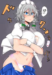 Rule 34 | !?, 1girl, black bow, black bowtie, blue eyes, blue skirt, blush, bow, bowtie, braid, breast hold, breasts, clothes pull, covered erect nipples, cowboy shot, dress shirt, green bow, hair between eyes, hair bow, highres, izayoi sakuya, large breasts, maid headdress, navel, panties, parted lips, puffy short sleeves, puffy sleeves, roki (hirokix), shirt, short sleeves, side-tie panties, silver hair, skirt, skirt pull, solo, spoken interrobang, stomach, sweat, touhou, twin braids, unbuttoned, underwear, white panties, white shirt, wrist cuffs