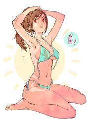 Rule 34 | 1girl, ?, alternate costume, aqua bikini, armpits, arms up, barefoot, bikini, breasts, brown hair, collarbone, commentary, english commentary, final fantasy, final fantasy vii, final fantasy vii remake, full body, high ponytail, highres, lanimalu, long hair, looking to the side, lotion, lotion bottle, medium breasts, navel, open bikini, open clothes, parted lips, red eyes, sabotender, side-tie bikini bottom, sitting, solo, speech bubble, stomach, sun, sunscreen, swept bangs, swimsuit, teardrop earring, thighs, tifa lockhart, tying hair, untied bikini, wariza, white background