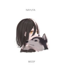 Rule 34 | 1girl, 1other, black hair, chainsaw man, character name, covered mouth, hair between eyes, highres, husky, looking to the side, nayuta (chainsaw man), ringed eyes, short hair, simple background, white background, yellow eyes, yuuwaku06