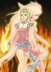 Rule 34 | 1990s (style), 1girl, blonde hair, colored skin, dual persona, female focus, final fantasy, final fantasy vi, fire, fire, green eyes, long hair, monster girl, pink hair, pink skin, pointy ears, red eyes, standing, tina branford, hypnosis, trance terra branford, tunic