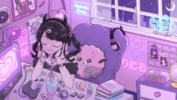 Rule 34 | 1girl, absurdres, alarm clock, bag, black dress, black hair, blunt bangs, book, book stack, bracelet, character name, clock, closed eyes, closed mouth, commentary request, compact (cosmetics), controller, cosmetics, crescent moon, cup, demon horns, denonbu, disposable cup, drawer, dress, elbow rest, game controller, hair ornament, hair ribbon, hands on own cheeks, hands on own face, hands up, headphones, headphones removed, heart, highres, horns, indoors, jewelry, key, lamp, lipstick tube, mirror, moon, nail polish bottle, necklace, night, official art, on chair, pomemori, poster (object), reml, ribbon, shoulder bag, sitting, smile, solo, star (sky), star (symbol), tamagotchi, tamaki (o dayuji), twintails, unworn bag, upper body, window, x hair ornament