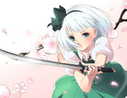 Rule 34 | 1girl, absurdres, bad id, bad pixiv id, blue eyes, branch, cherry blossoms, etm (ahong), expressionless, gradient background, hair in face, hair ribbon, highres, katana, konpaku youmu, looking at viewer, petals, pink background, puffy short sleeves, puffy sleeves, ribbon, short hair, short sleeves, skirt, skirt set, solo, sword, touhou, weapon, white hair, wind