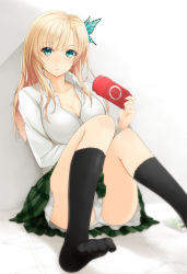 Rule 34 | 10s, 1girl, blonde hair, blue eyes, boku wa tomodachi ga sukunai, breasts, bug, butterfly, butterfly hair ornament, cleavage, feet, hair ornament, handheld game console, insect, kashiwazaki sena, kneehighs, knees together feet apart, no shoes, panties, pantyshot, playstation portable, prime, revision, school uniform, sitting, skirt, socks, solo, underwear, upskirt