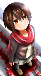 Rule 34 | 1girl, brown hair, can, minamito, original, red eyes, red scarf, scarf, skirt, star-shaped pupils, star (symbol), symbol-shaped pupils, tomato sauce