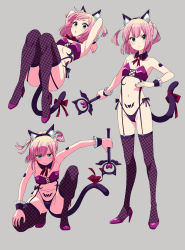 Rule 34 | 1girl, animal ear fluff, animal ear headwear, animal ears, armpits, black bow, black panties, blue eyes, blush, bow, cat ears, cat tail, chiyoda momo, commentary request, dark persona, detached collar, fake animal ears, female focus, fishnet thighhighs, fishnets, flat chest, full body, fumitan (humitan), garter straps, heart, high heels, highres, looking at viewer, machikado mazoku, multiple views, navel, panties, pink hair, pubic tattoo, red bow, short hair, short twintails, simple background, tail, tattoo, thighhighs, twintails, underwear, wand, wrist cuffs
