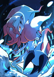 Rule 34 | blurry, claws, closed mouth, commentary request, creatures (company), game freak, highres, hisuian zoroark, night, nintendo, outdoors, pokemon, pokemon (creature), sky, snow, solo, star (sky), tree, yellow eyes, yottur