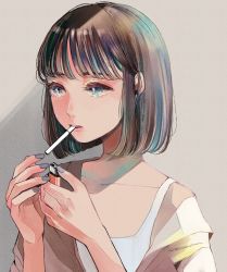 Rule 34 | 1girl, absurdres, blue eyes, bob cut, brown hair, cigarette, eyelashes, grey background, grey nails, highres, holding, holding lighter, huge filesize, lighter, mouth hold, multicolored hair, nail polish, original, richard-kun, simple background, smoking, solo, streaked hair, teeth, upper body, upper teeth only