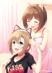 Rule 34 | 10s, 2girls, ^ ^, animal ears, aqua eyes, bare arms, bare shoulders, blurry, blurry background, blush, bow, breasts, brown hair, cat ears, chemise, cleavage, clenched hand, closed eyes, clothes writing, collarbone, curtains, drawstring, dress, english text, eyelashes, fake animal ears, fangs, fingernails, frills, hair intakes, hairband, happy, hasumi (hasubatake39), highres, hood, hoodie, idolmaster, idolmaster cinderella girls, indoors, light brown hair, maekawa miku, medium breasts, multiple girls, nightgown, open mouth, pink bow, pink dress, short dress, short hair, short sleeves, sleeveless, sleeveless dress, smile, swept bangs, tada riina, tongue