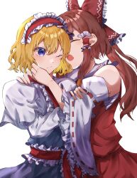 Rule 34 | 2girls, alice margatroid, bare shoulders, blonde hair, blue eyes, blush, bow, brown hair, capelet, collared shirt, commentary request, cowboy shot, detached sleeves, dress, frilled hairband, frilled shirt collar, frills, hair bow, hair tubes, hairband, hakama, hakama skirt, hakurei reimu, hand on another&#039;s arm, highres, hug, japanese clothes, jingai (k1bun), long hair, miko, multiple girls, one eye closed, open mouth, red bow, red dress, red hakama, red shirt, red skirt, red vest, ribbon-trimmed sleeves, ribbon trim, sarashi, shirt, short hair, simple background, skirt, skirt set, sleeveless, sleeveless dress, sleeveless shirt, touhou, vest, white background, white capelet, white sleeves, wide sleeves, yuri