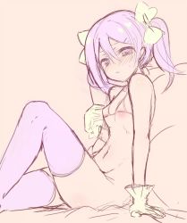 Rule 34 | 10s, 1girl, ayuma sayu, bikini, blush, bottomless, bow, breasts, frown, gloves, hair between eyes, hair bow, limited palette, looking at viewer, love live!, love live! school idol project, micro bikini, navel, nipples, pasties, reclining, sitting, sketch, small breasts, solo, swimsuit, thighhighs, twintails, yazawa nico