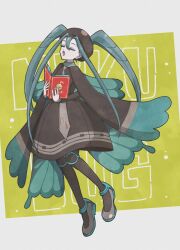 Rule 34 | 1girl, :o, black pantyhose, blue hair, blue wings, book, brown dress, brown hat, brown necktie, bug miku (project voltage), character name, closed eyes, commentary request, creatures (company), domidomi444, dress, fake wings, full body, game freak, hair between eyes, hair through headwear, hat, hatsune miku, highres, holding, holding book, long hair, long sleeves, music, necktie, nintendo, open mouth, pantyhose, pokemon, project voltage, shoes, singing, solo, standing, twintails, very long hair, vocaloid, wings